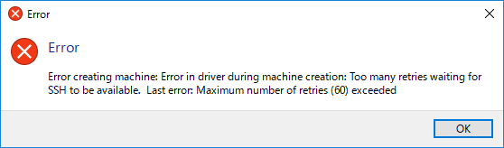 error creating machine error in driver during machine creation :Too many retries waiting for SSh to be avalable Last error:Maxim number of retries (60) exceeded
