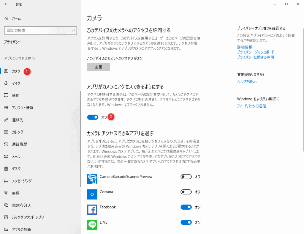 設定ウィンドウ 「アプリがカメラにアクセスできるようにする」をオン