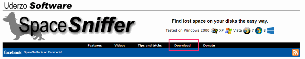 SpaceSniffer 公式サイトのナビにある「Download」クリック