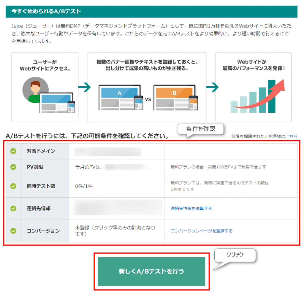 Juicer 「新しくA/Bテストを行う」ボタンをクリック